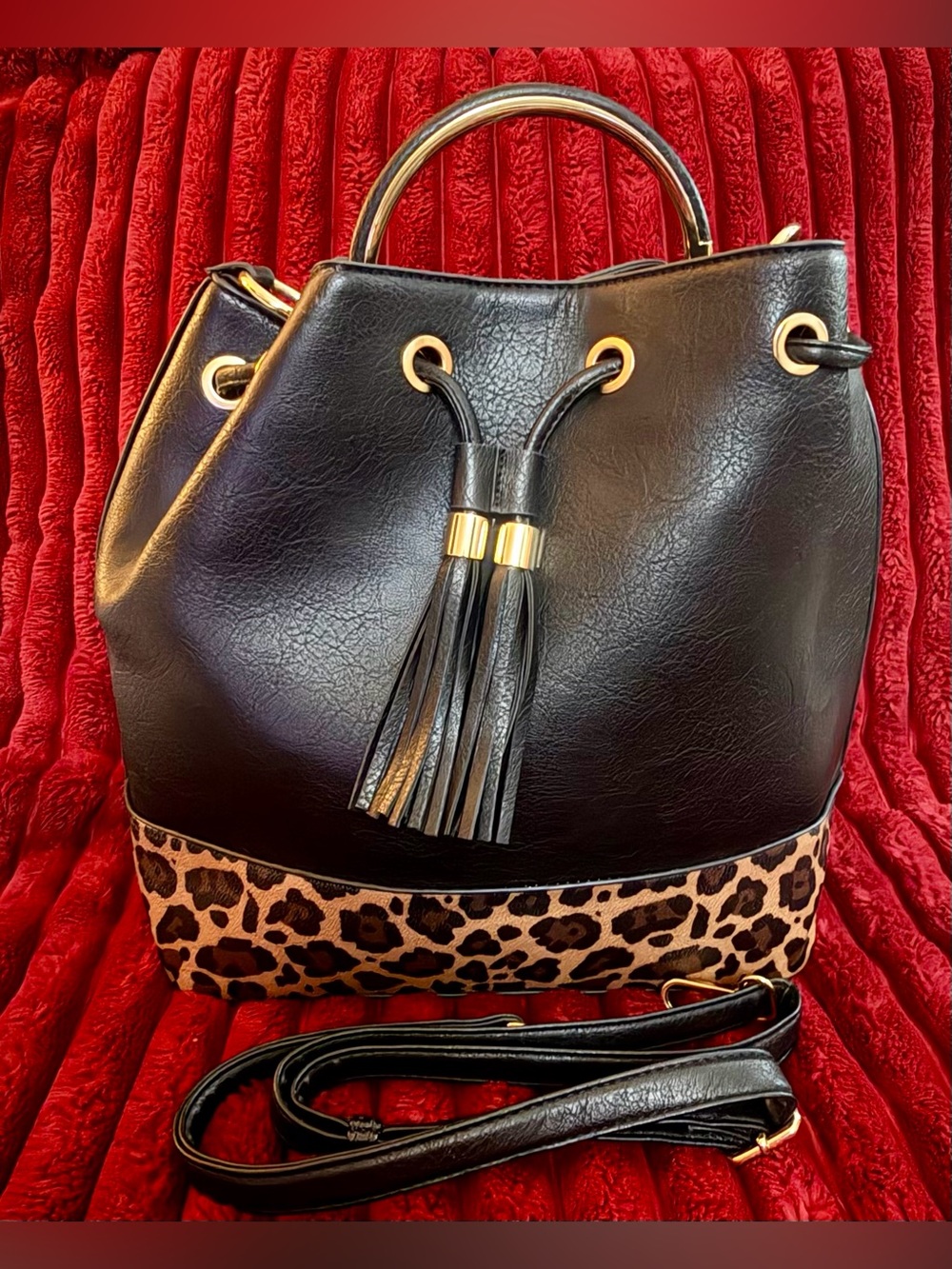Black Faux Leather Drawstring Tote with Leopard Trim
